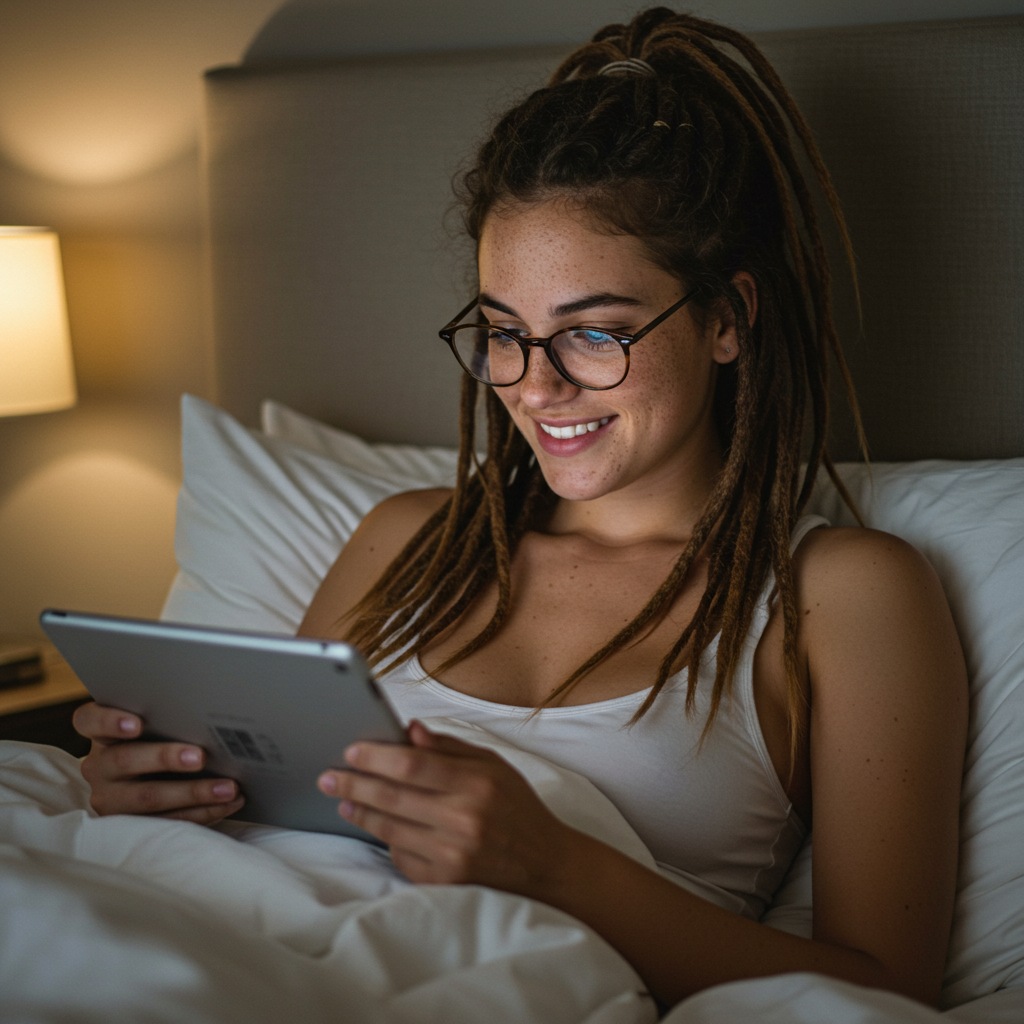 Nivee na cama lendo um e-book no tablet