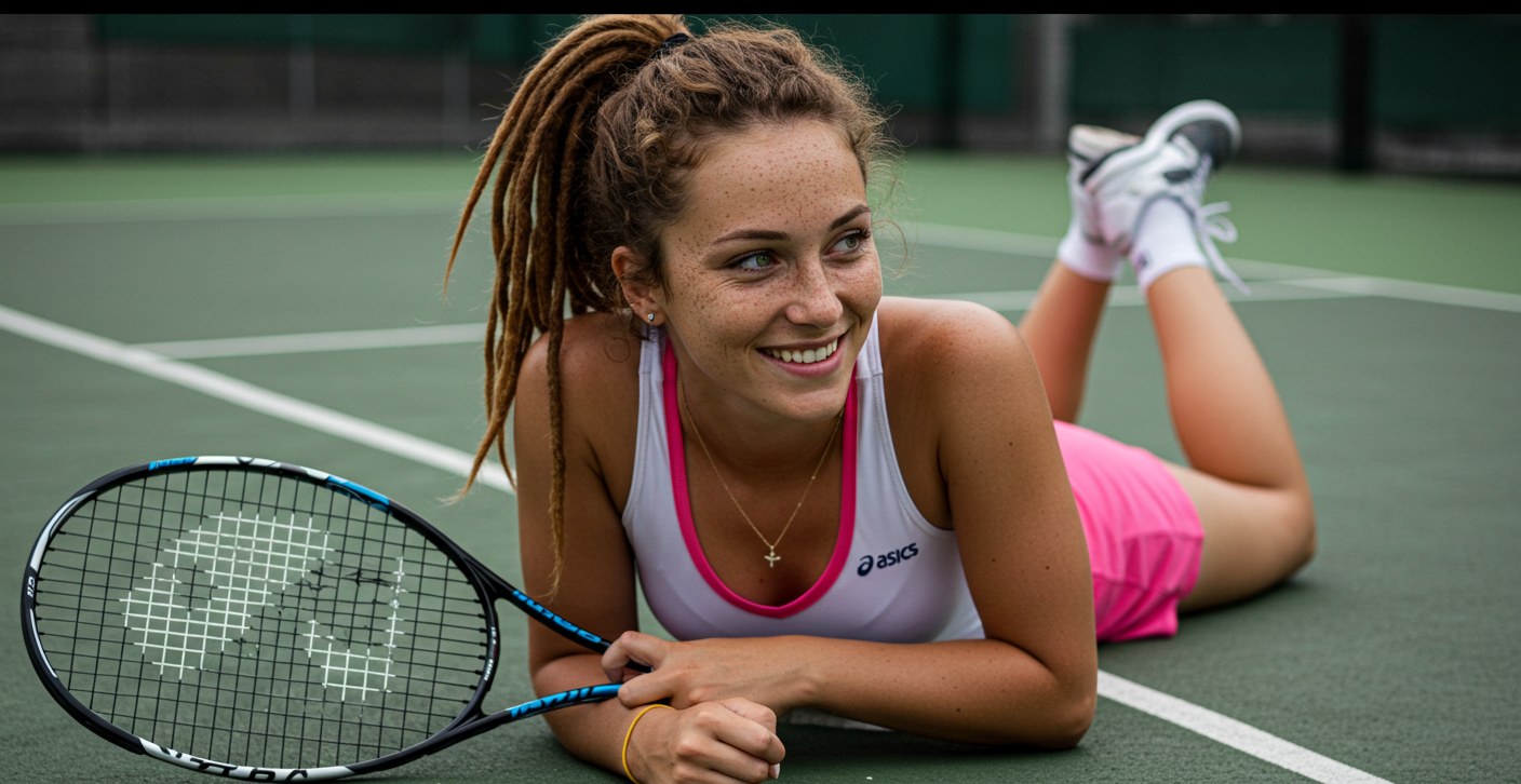Nivee na quadra de tennis desfilando com Asics.