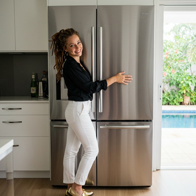 Nivee na cozinha abraçada com sua geladeira nova