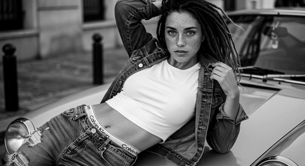 Nivee debruçada em um Porshe, desfilando moda Calvin Klein
