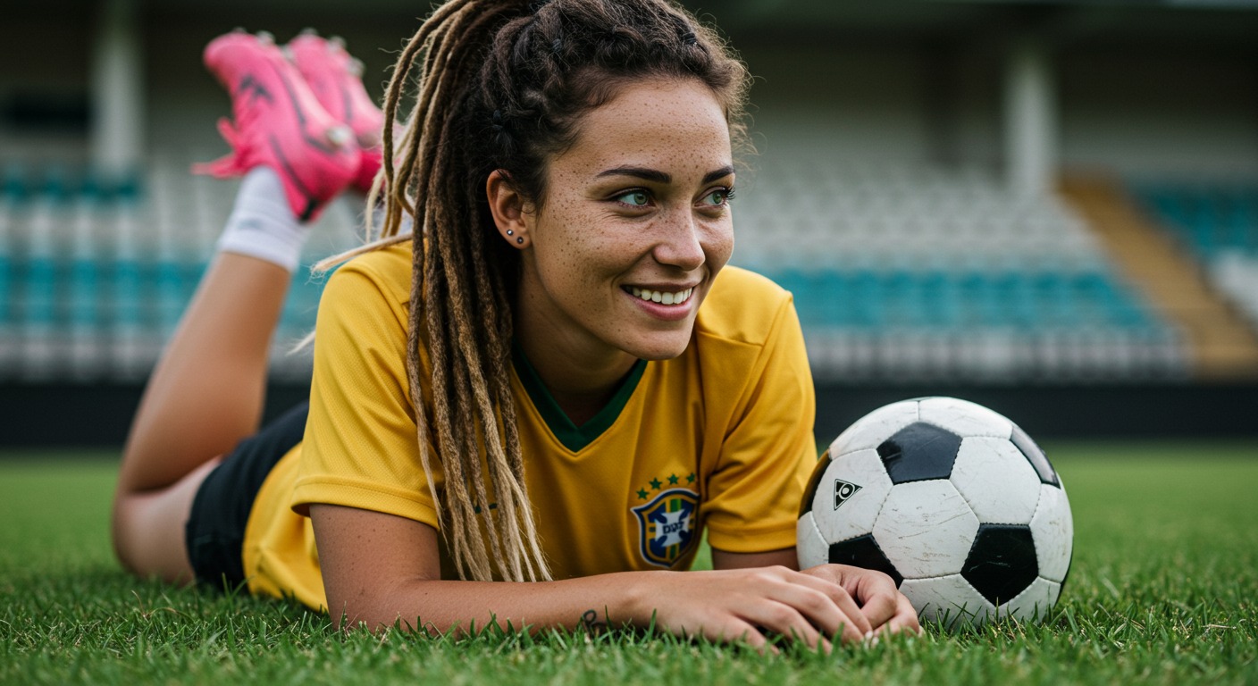 Nivee no gramado do campo de futebol, posando com bola e chuteiras rosa