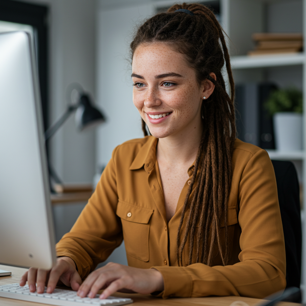 Nivee em frente ao PC, fazendo cursos Online