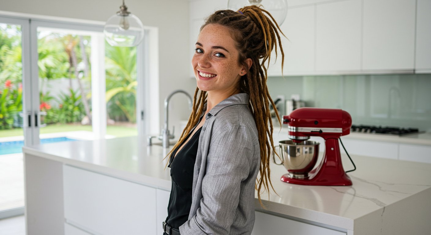 Nivee na cozinha mostrando sua batedeira KitchenAid