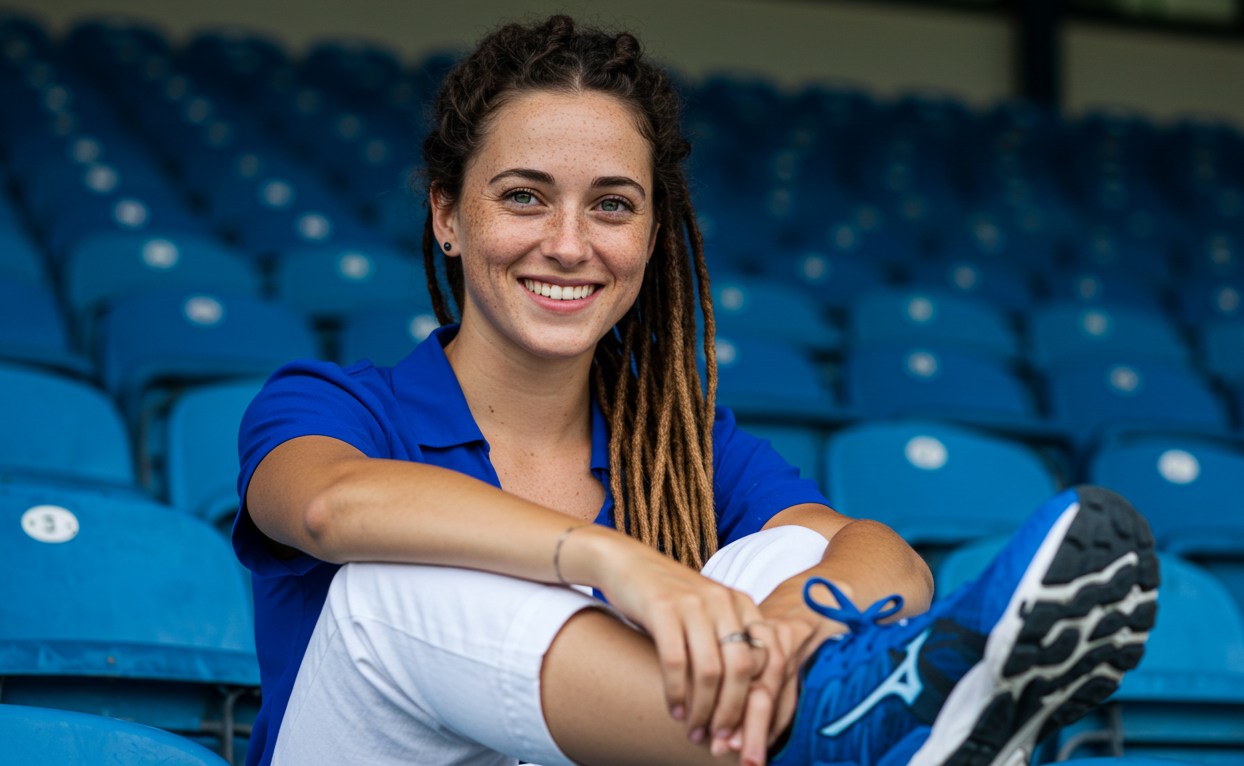 Nivee sentada numa arquibancada de estádio com seu mizuno.