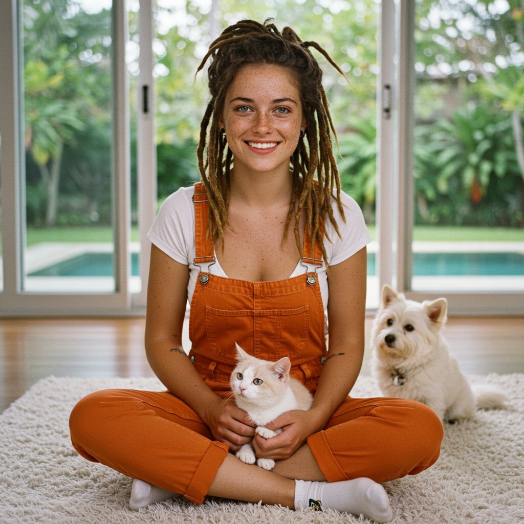 Nivee sentada em um tapete branco com um gato no colo e um cão ao lado