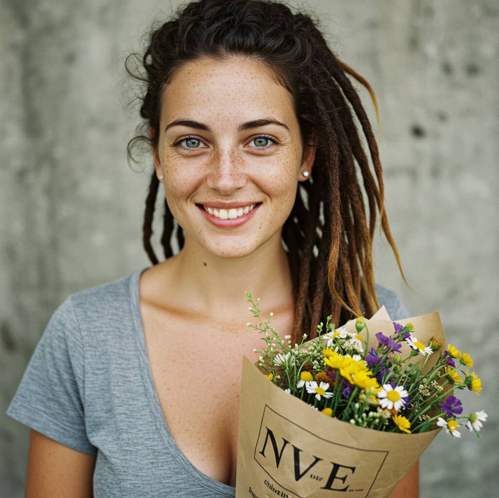 Nivee segurando um buquê de flores