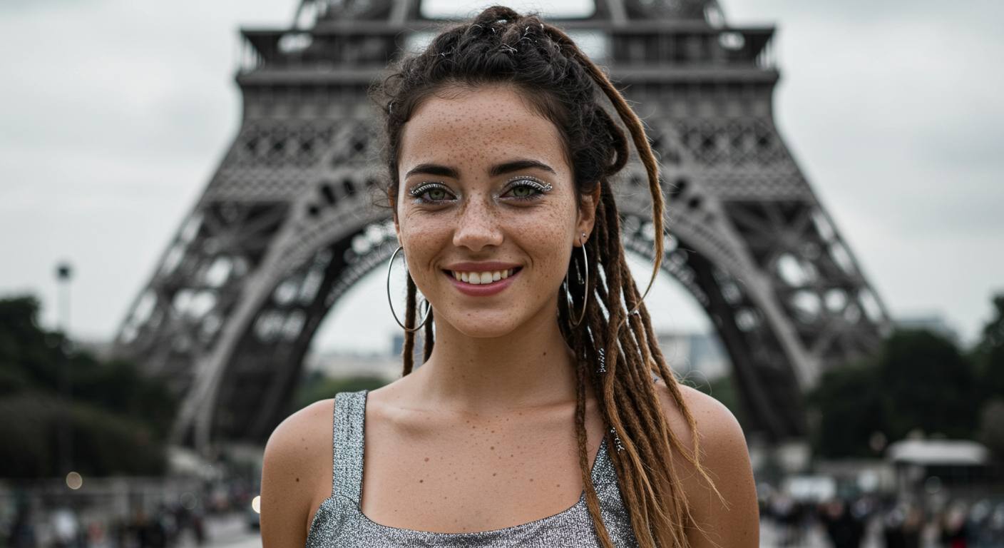 Nivee sendo fotografada em baixo da Torre Eiffel Paris.