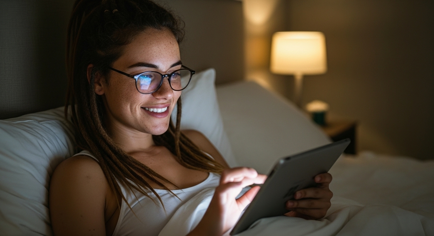 Nivee na cama relaxada em travesseiros, lendo um livro digital.