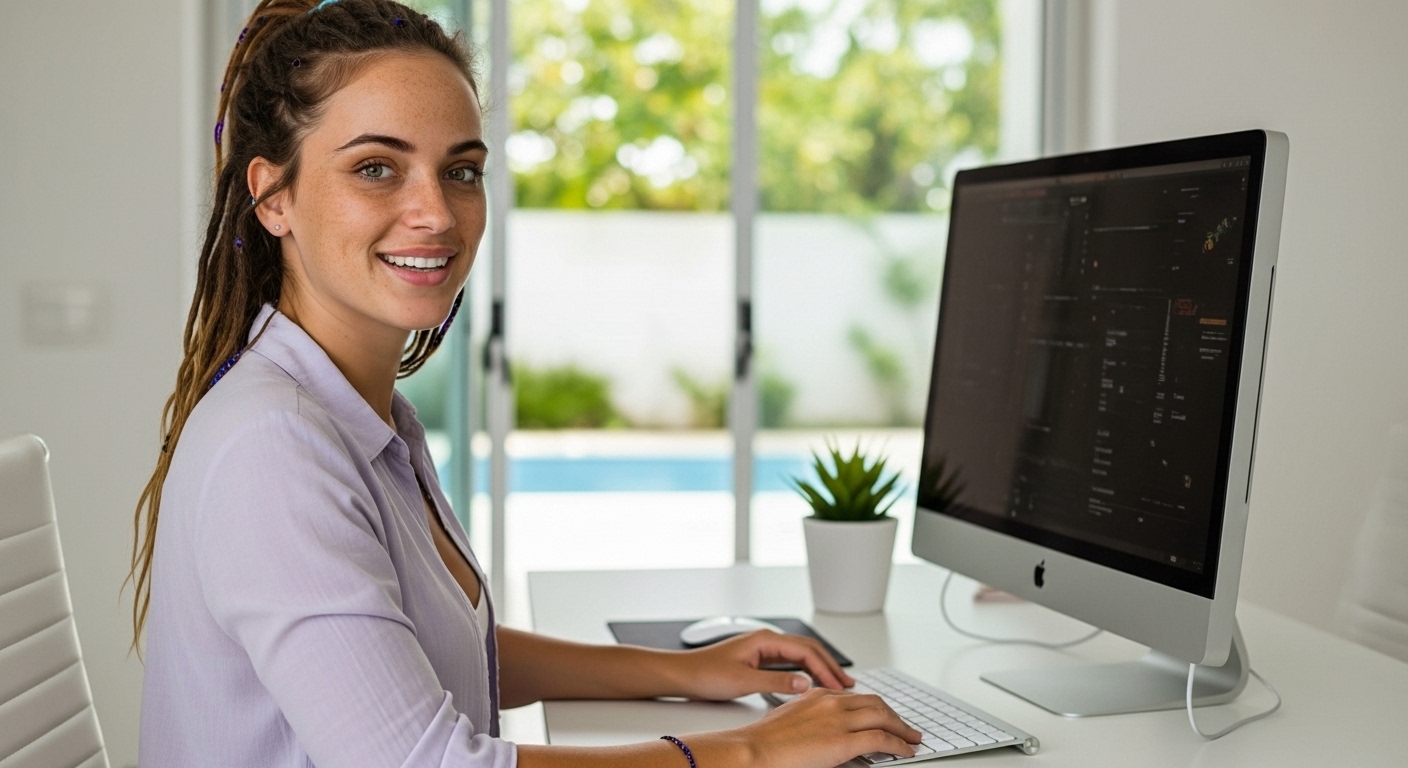 Nivee em frente ao computador fazendo curso online.