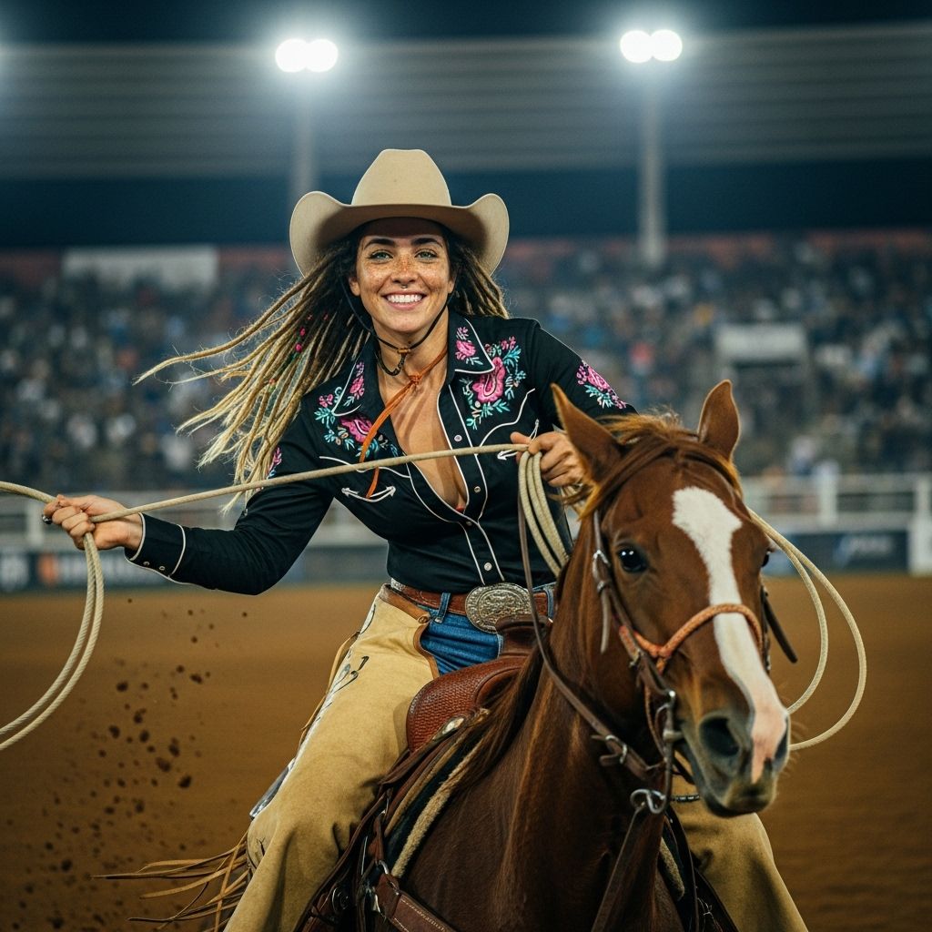 Nivee em seu cavalo mostrando ao público seu laço campeão
